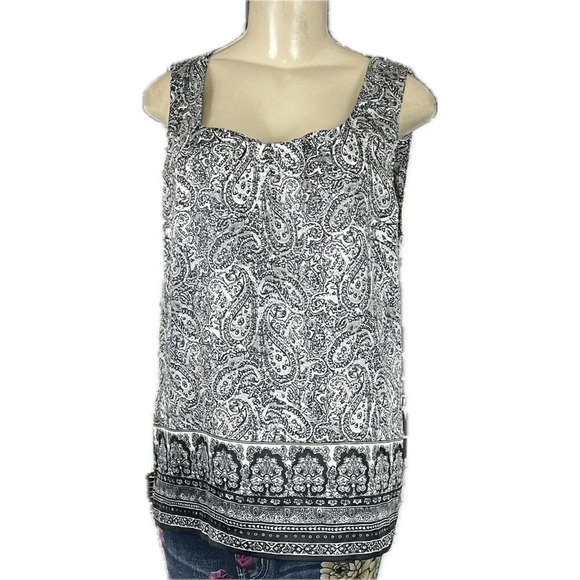 Dana Buchman L Black Paisley Print Scoop Neck Zip Back Detail Sleeveless Blouse - Picture 2 of 6